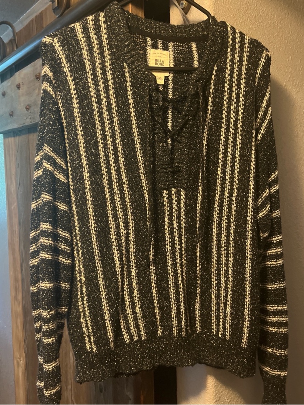 Billabong Black & White Striped Lace-Up Knit Pullover